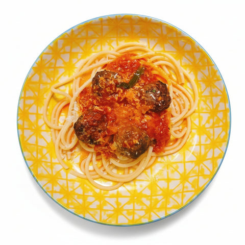 Lean Mince Beef Meatballs in Marinara Sauce and Bucatini Pasta